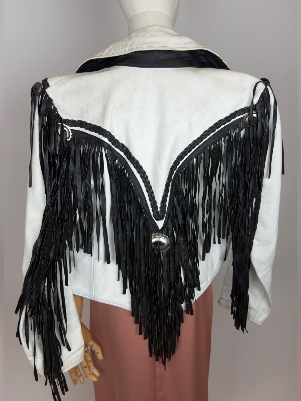 White & Black True Vintage Western Fringe Leather Moto Jacket